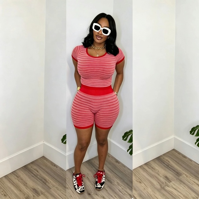 Casual Striped Knitting Slim Fit Short Set