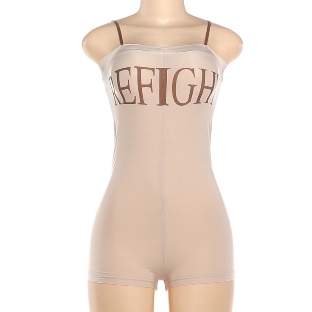 Letter Print Slim-Fit Spaghetti-Strap Romper
