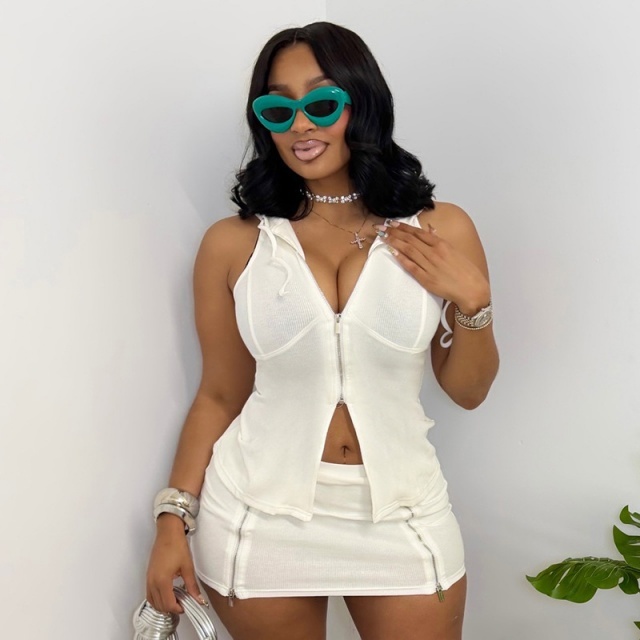 Sleeveless Hooded Zipper Up Slim Fit Skirt Set