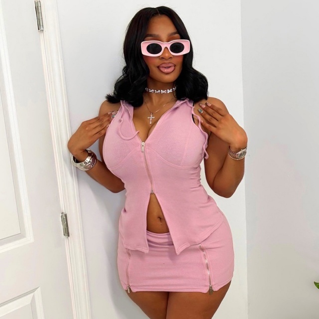 Sleeveless Hooded Zipper Up Slim Fit Skirt Set