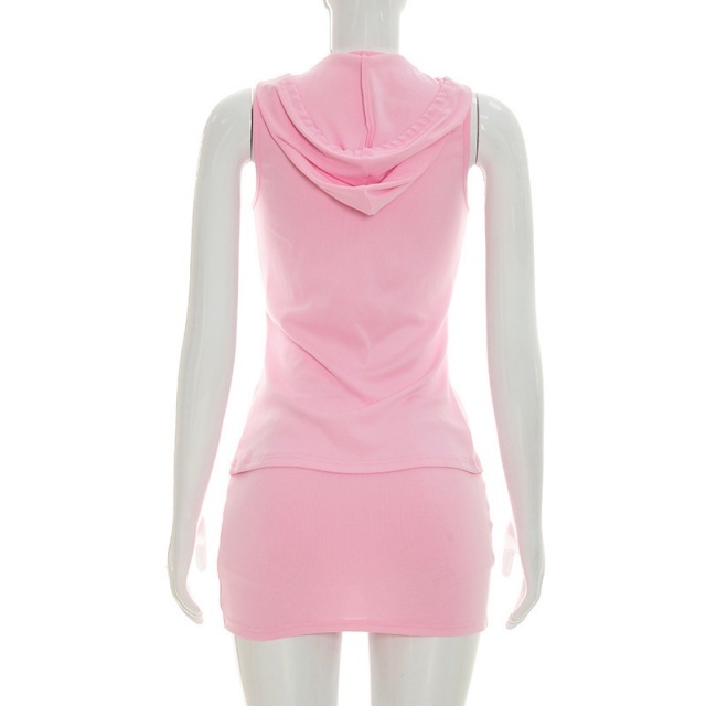 Sleeveless Hooded Zipper Up Slim Fit Skirt Set