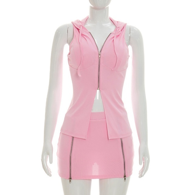 Sleeveless Hooded Zipper Up Slim Fit Skirt Set