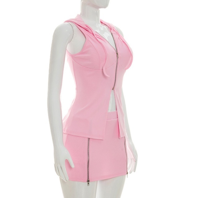 Sleeveless Hooded Zipper Up Slim Fit Skirt Set