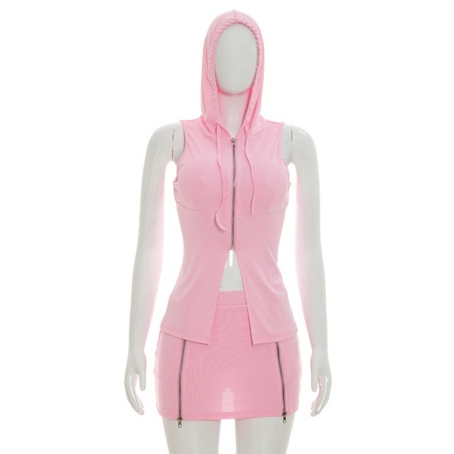Sleeveless Hooded Zipper Up Slim Fit Skirt Set