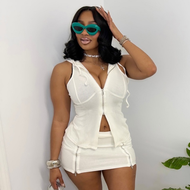 Sleeveless Hooded Zipper Up Slim Fit Skirt Set