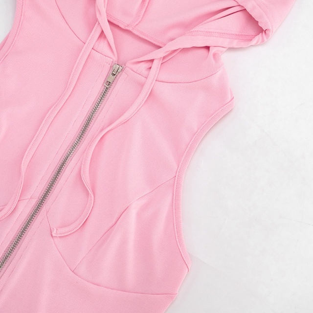 Sleeveless Hooded Zipper Up Slim Fit Skirt Set
