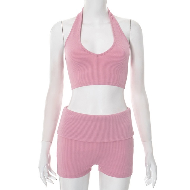 Halter Neck Crop Top Slim Fit Short Set