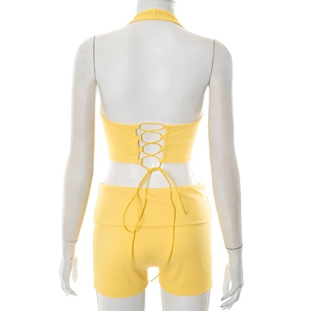 Halter Neck Crop Top Slim Fit Short Set