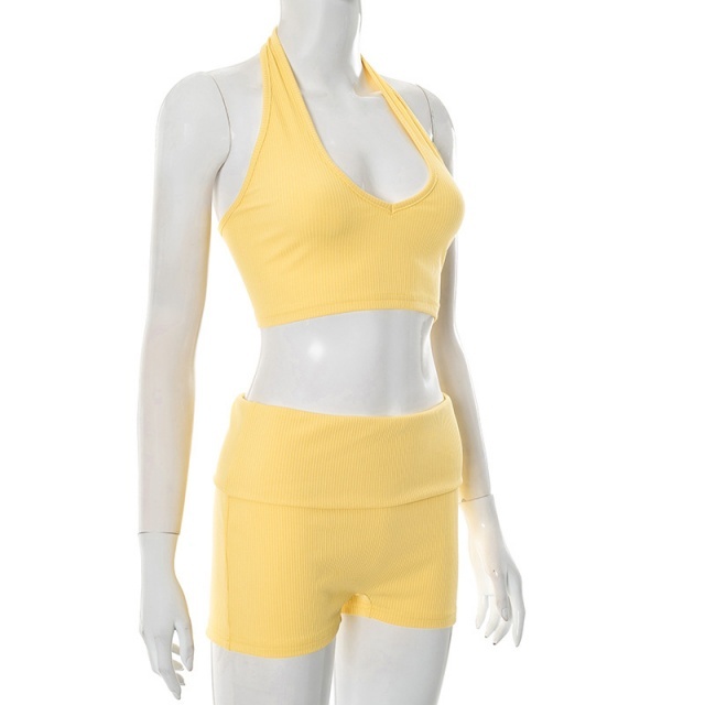 Halter Neck Crop Top Slim Fit Short Set