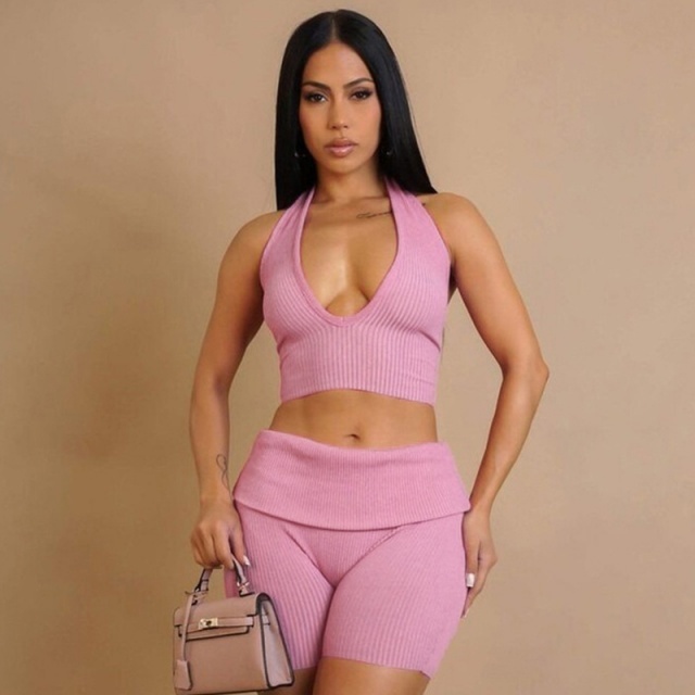 Halter Neck Crop Top Slim Fit Short Set