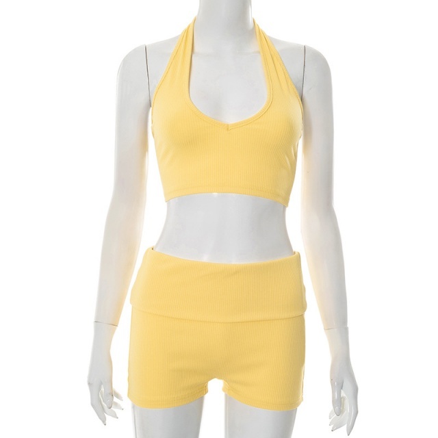 Halter Neck Crop Top Slim Fit Short Set