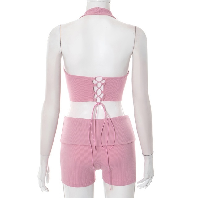 Halter Neck Crop Top Slim Fit Short Set