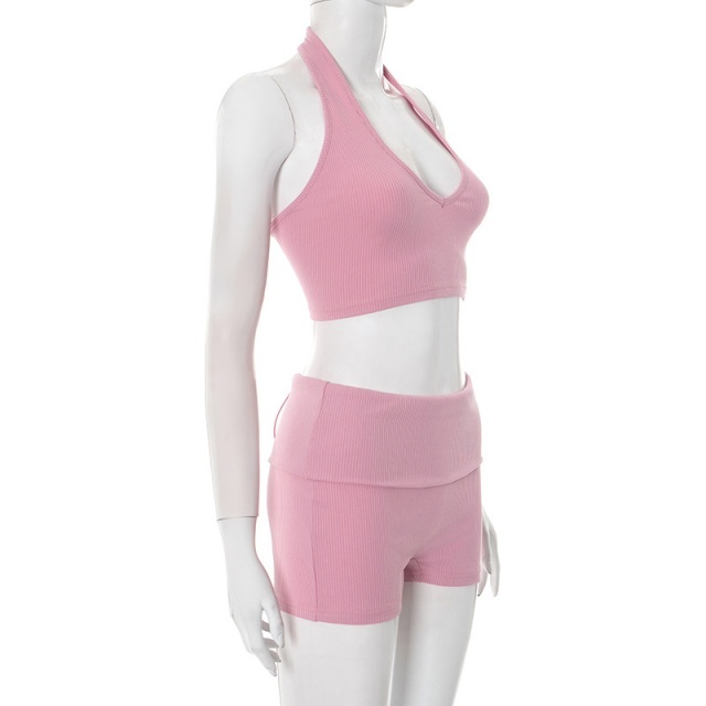 Halter Neck Crop Top Slim Fit Short Set