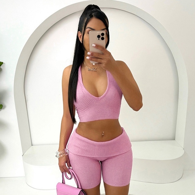 Halter Neck Crop Top Slim Fit Short Set