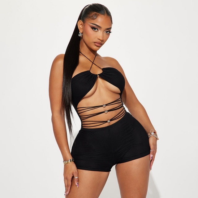 Halter Neck Hollow Out Backless Fitted Romper