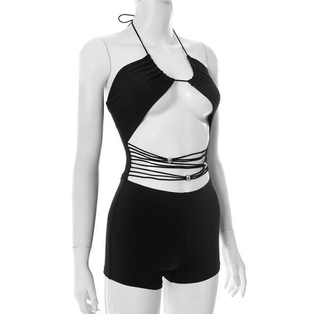 Halter Neck Hollow Out Backless Fitted Romper