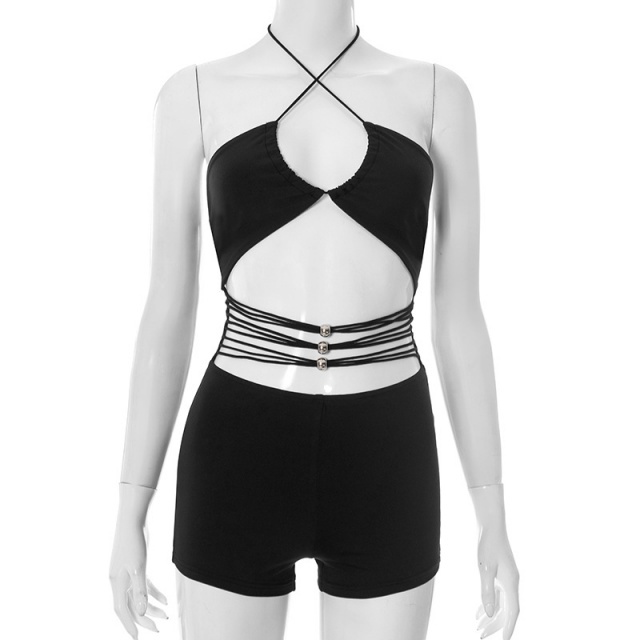 Halter Neck Hollow Out Backless Fitted Romper