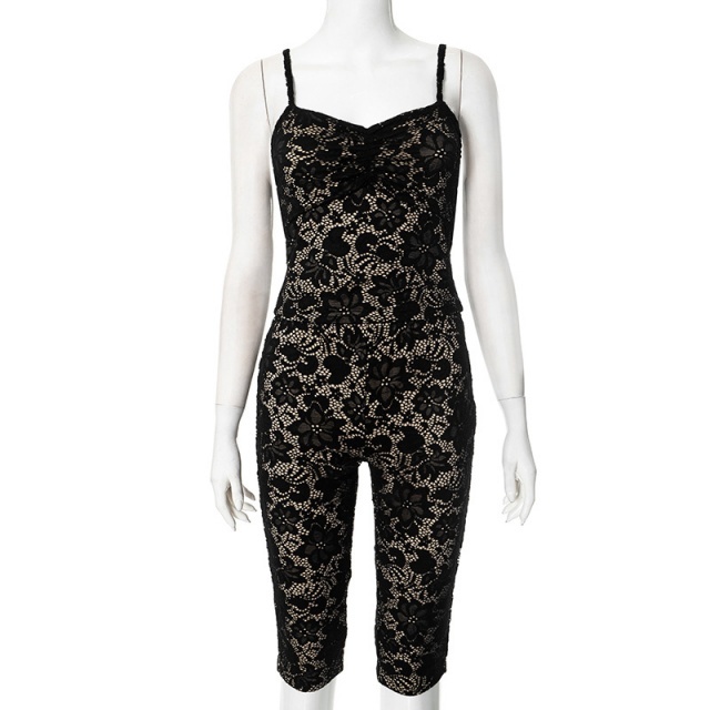 Lace Backless Cami Top Fitted Knee Shorts Set