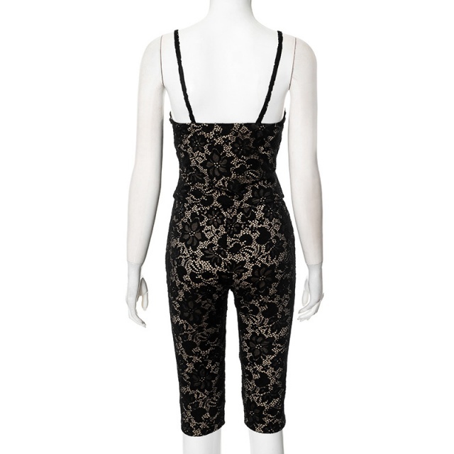 Lace Backless Cami Top Fitted Knee Shorts Set