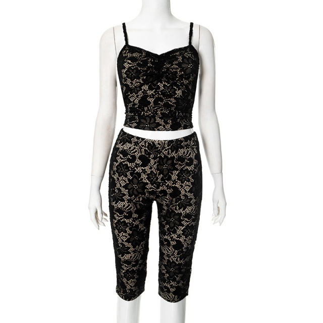 Lace Backless Cami Top Fitted Knee Shorts Set