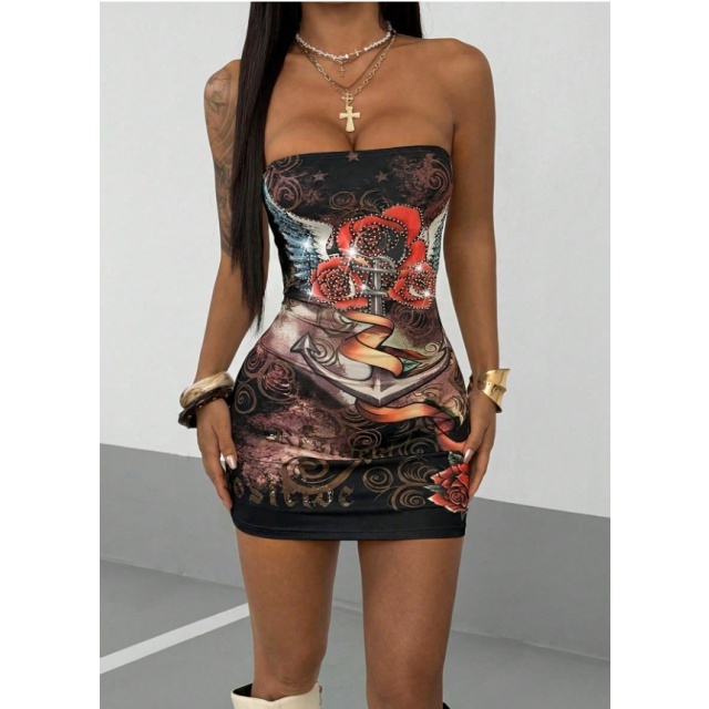 Off Shoulder Tube Rhinestoned Bodycon Dress