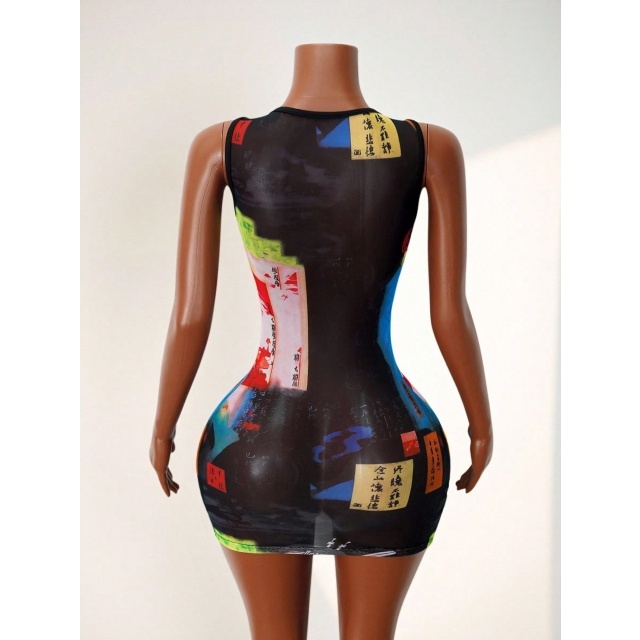 Printed Sheer Mesh Fitted Mini Dress