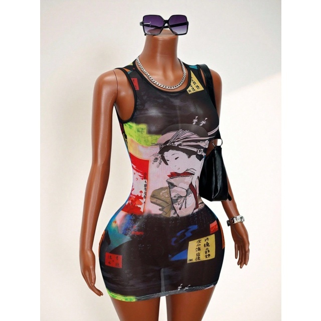 Printed Sheer Mesh Fitted Mini Dress