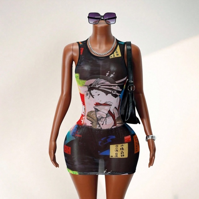 Printed Sheer Mesh Fitted Mini Dress