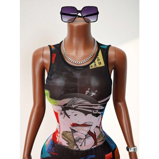 Printed Sheer Mesh Fitted Mini Dress
