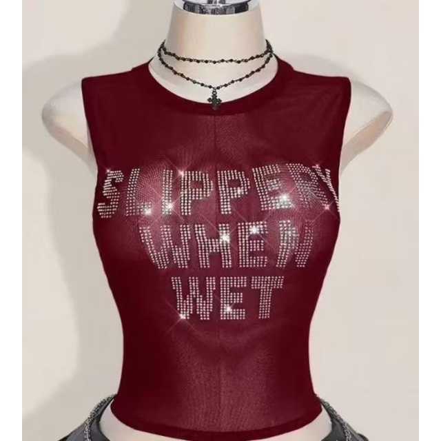 Rhinestoned Letters Sheer Mesh Tank Top