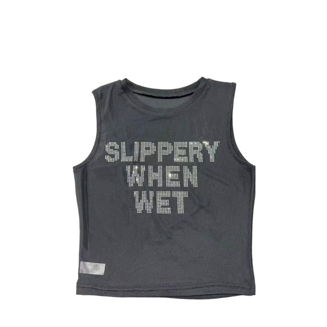 Rhinestoned Letters Sheer Mesh Tank Top