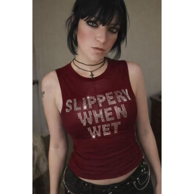 Rhinestoned Letters Sheer Mesh Tank Top
