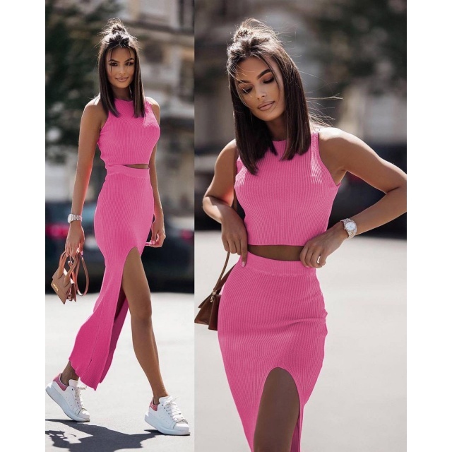 Solid Color Tank Top High Split Maxi Skirt Set