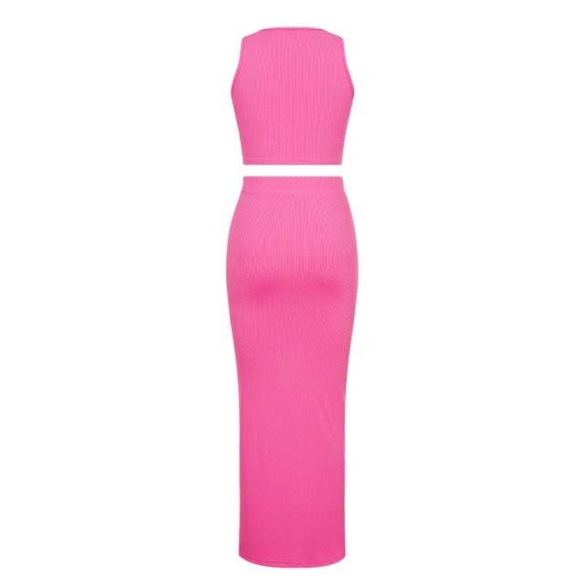 Solid Color Tank Top High Split Maxi Skirt Set