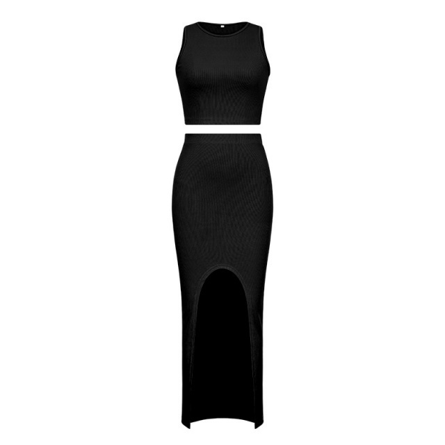 Solid Color Tank Top High Split Maxi Skirt Set