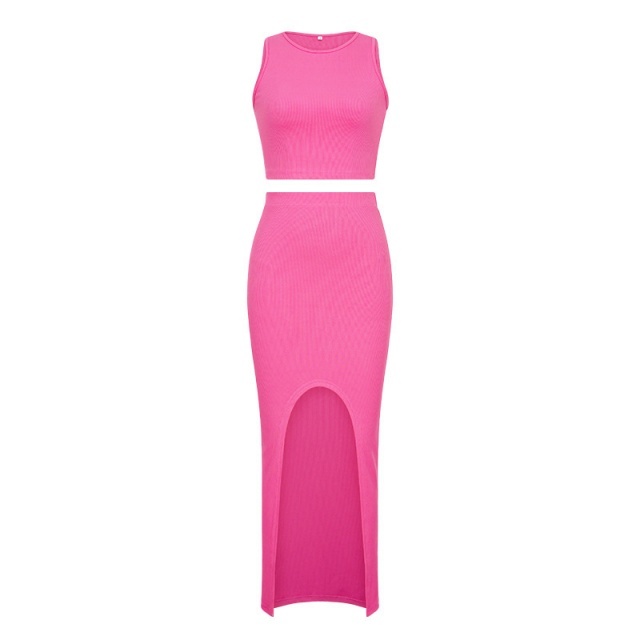 Solid Color Tank Top High Split Maxi Skirt Set