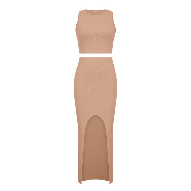 Solid Color Tank Top High Split Maxi Skirt Set