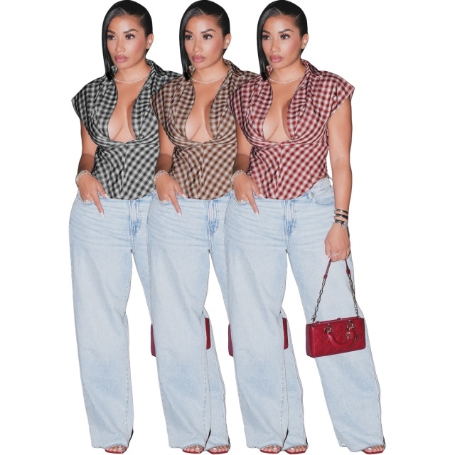 Plaid Collared Deep V-neck Fitted Sleeveless Top