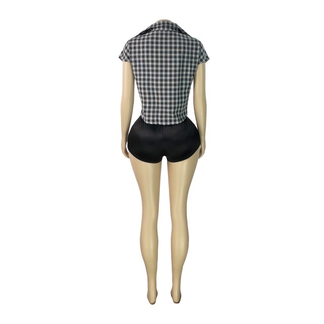 Plaid Collared Deep V-neck Fitted Sleeveless Top