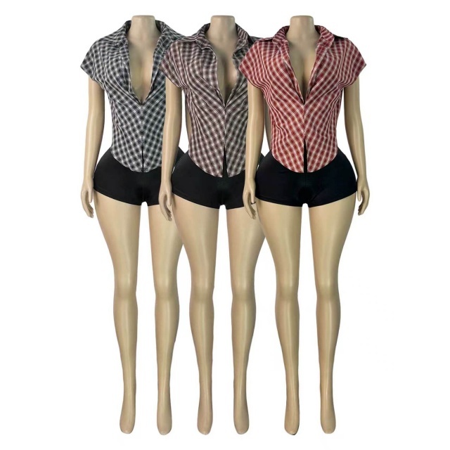Plaid Collared Deep V-neck Fitted Sleeveless Top