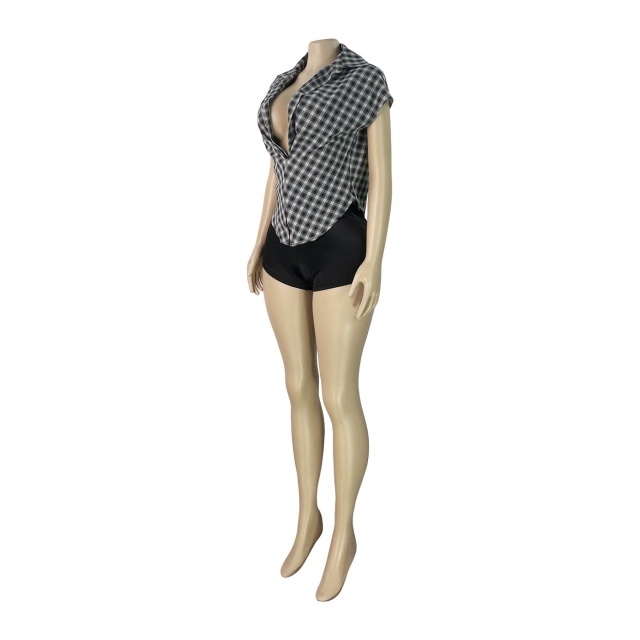 Plaid Collared Deep V-neck Fitted Sleeveless Top