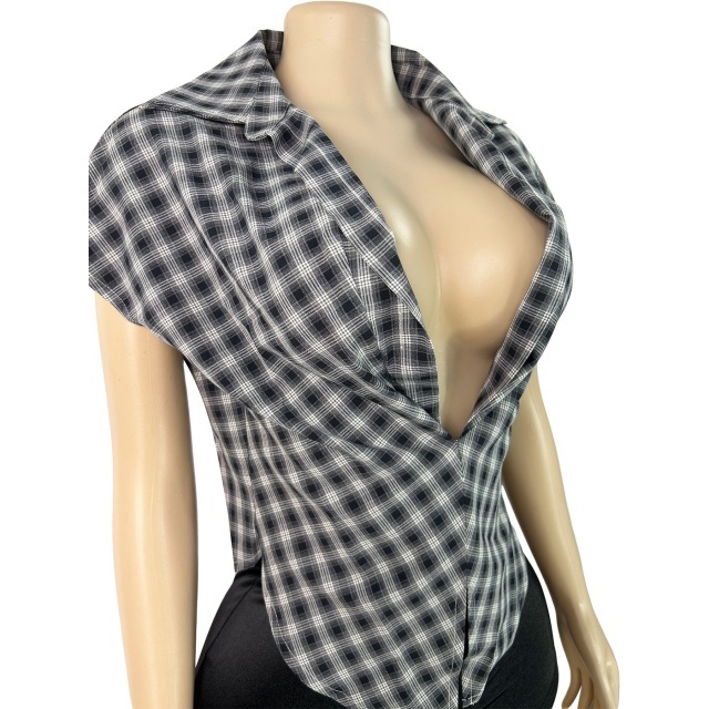 Plaid Collared Deep V-neck Fitted Sleeveless Top