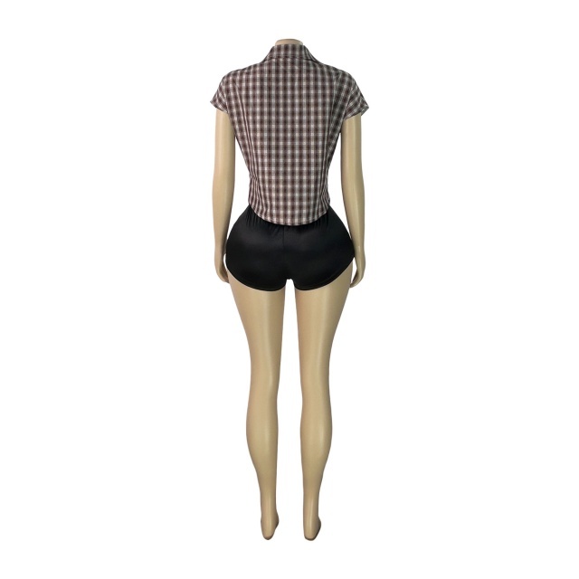 Plaid Collared Deep V-neck Fitted Sleeveless Top