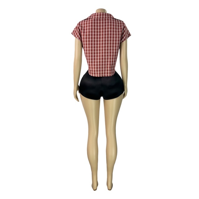 Plaid Collared Deep V-neck Fitted Sleeveless Top