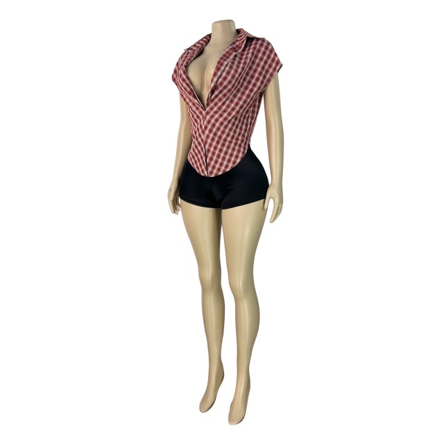 Plaid Collared Deep V-neck Fitted Sleeveless Top