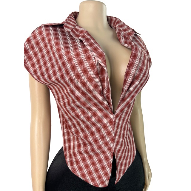 Plaid Collared Deep V-neck Fitted Sleeveless Top