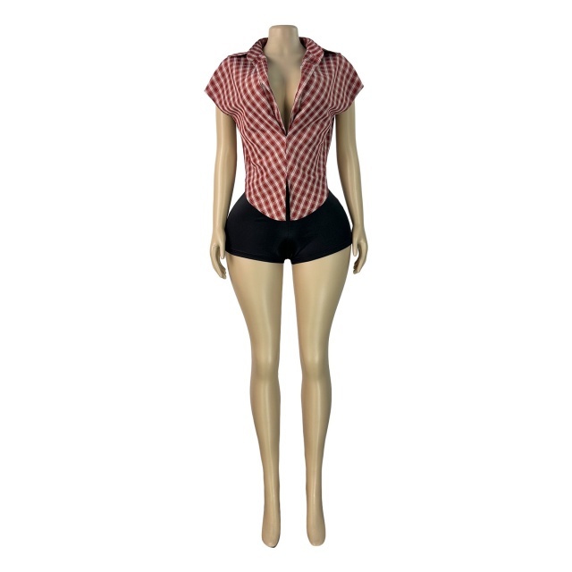 Plaid Collared Deep V-neck Fitted Sleeveless Top
