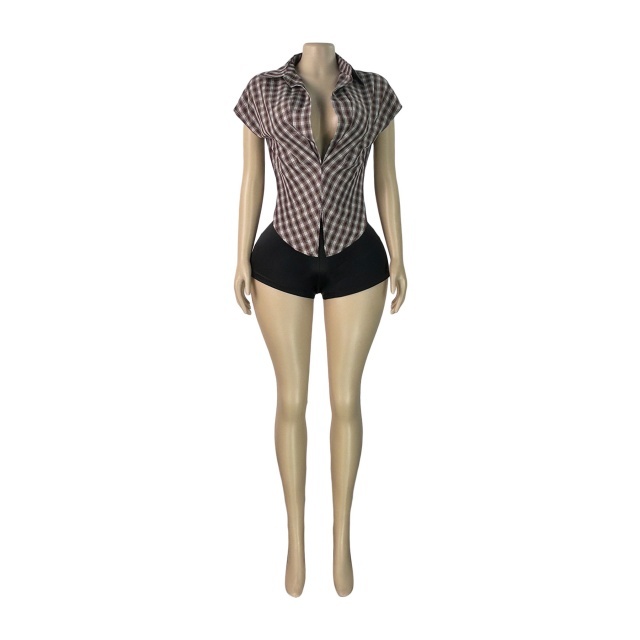 Plaid Collared Deep V-neck Fitted Sleeveless Top