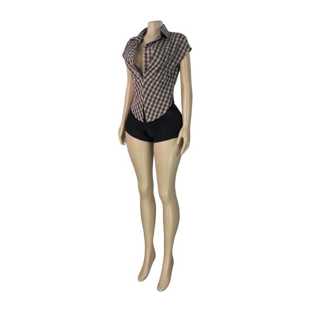 Plaid Collared Deep V-neck Fitted Sleeveless Top