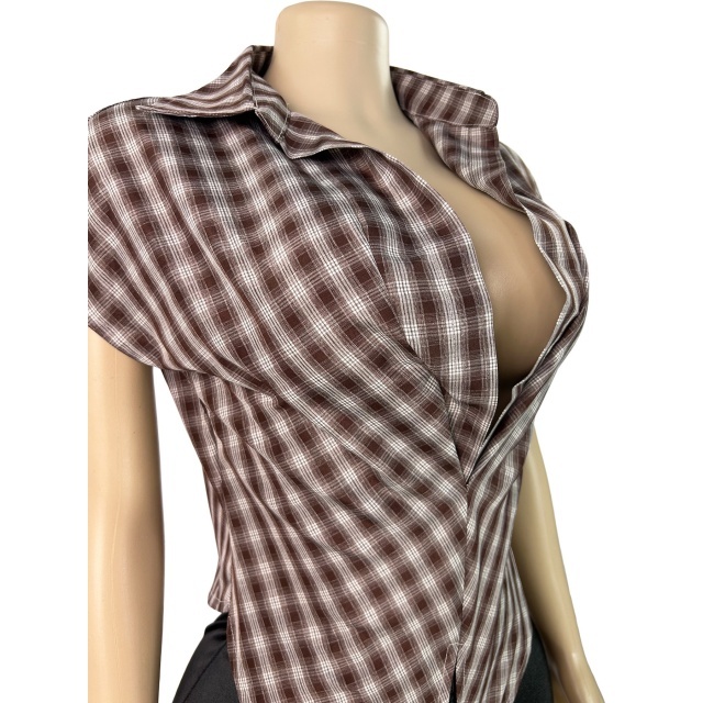 Plaid Collared Deep V-neck Fitted Sleeveless Top